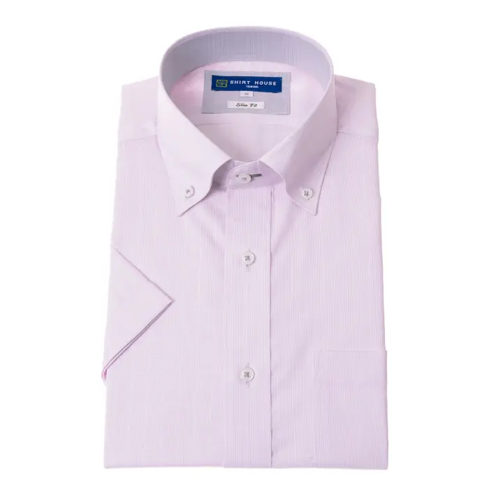 ワイシャツ 半袖 形態安定 ピンク ボタンダウン ドビー スリム 細身 シャツハウス メンズ ドレスシャツ