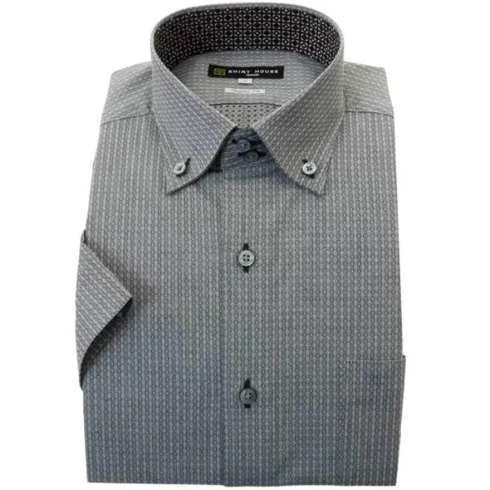 ワイシャツ 形態安定シャツハウス 半袖 グレー 幾何学柄 ボタンダウン レギュラー フィット 