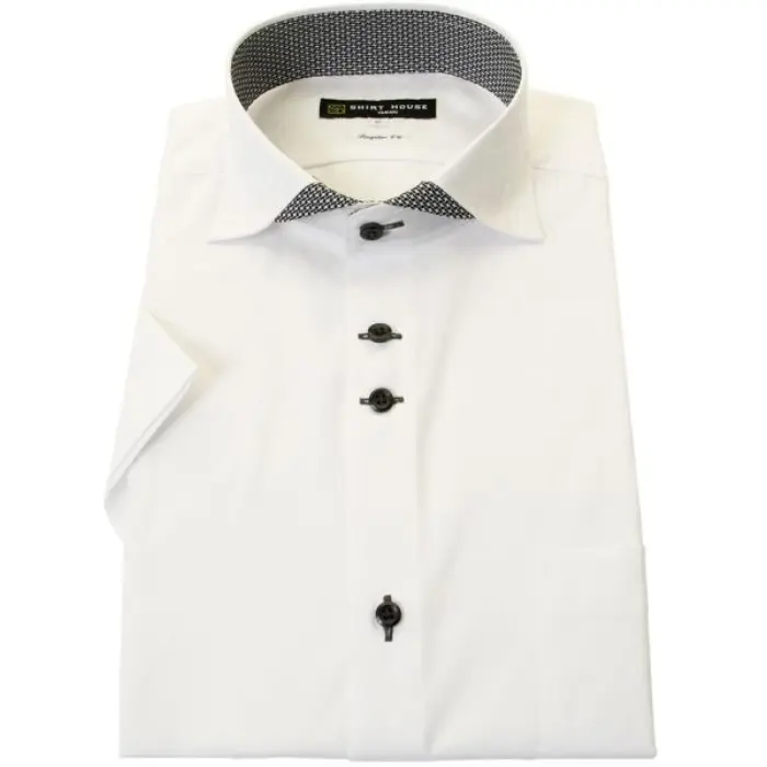 ワイシャツ 形態安定 シャツハウス 半袖 ホワイト 白ドビーチェック 変形カッタウェイ レギュラー フィット ブラックレーベル