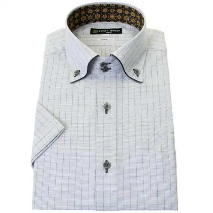 ワイシャツ 形態安定 シャツハウス 半袖 グレー チェック ドゥエボットーニボタンダウン レギュラー フィット ブラックレーベル
