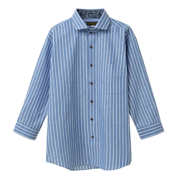 ワイシャツ イージーケア 七分袖 青 ブルー ストライプ ワイドカラー  レギュラー フィット シャツハウス メンズ カジュアルシャツ 7分袖 