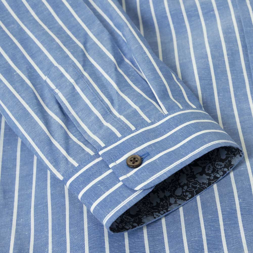 ワイシャツ イージーケア 七分袖 青 ブルー ストライプ ワイドカラー