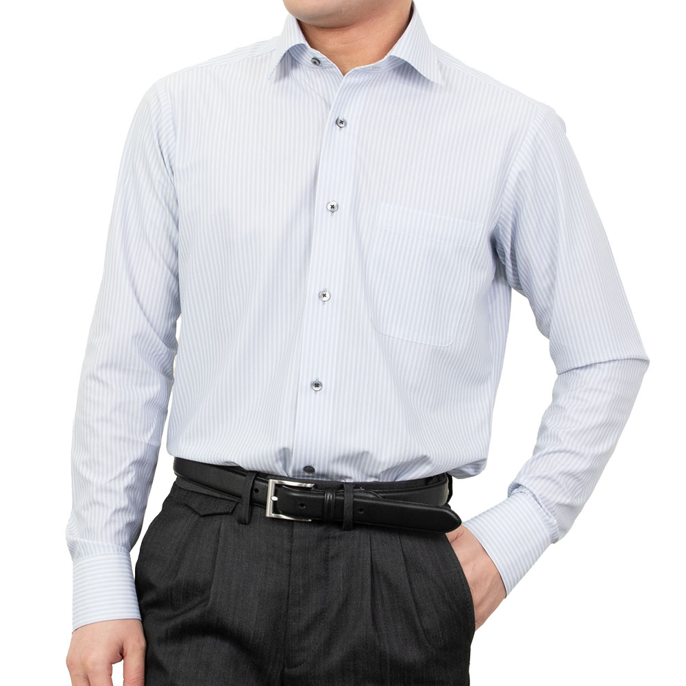 ニットシャツ(裄詰不可) スリムフィット ストライプ ブルー ニット