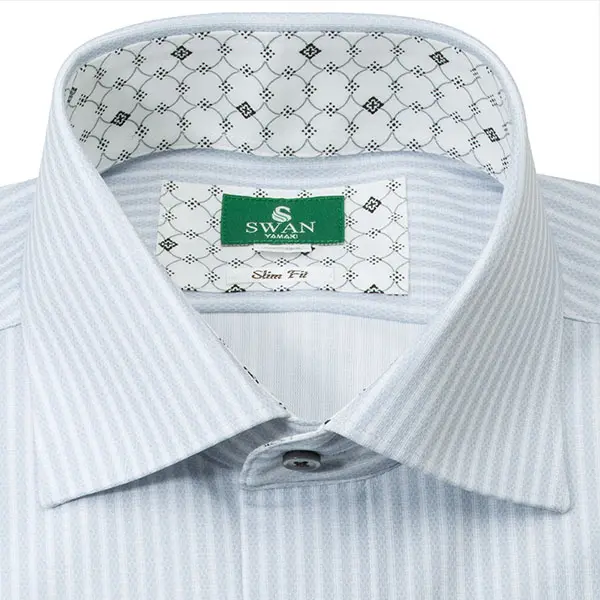 ニットシャツ(裄詰不可) スリムフィット ストライプ ブルー ニット