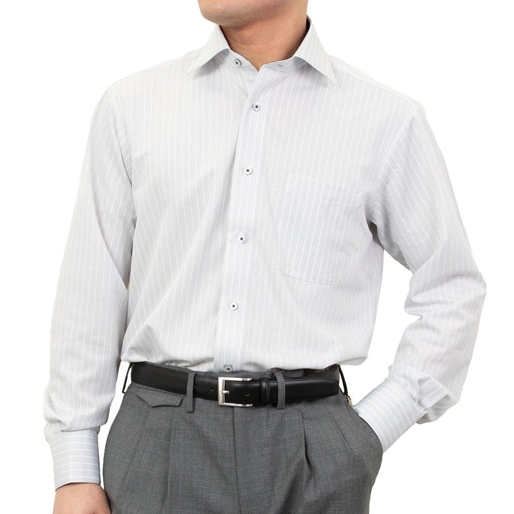 ニットシャツ(裄詰不可) ストライプ グレー ニット SWAN・グリーン