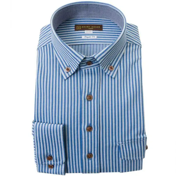 ニットシャツ ワイシャツ 長袖 ブルー ストライプ ショートボタンダウン 標準 レギュラー フィット シャツハウス メンズ ドレスシャツ