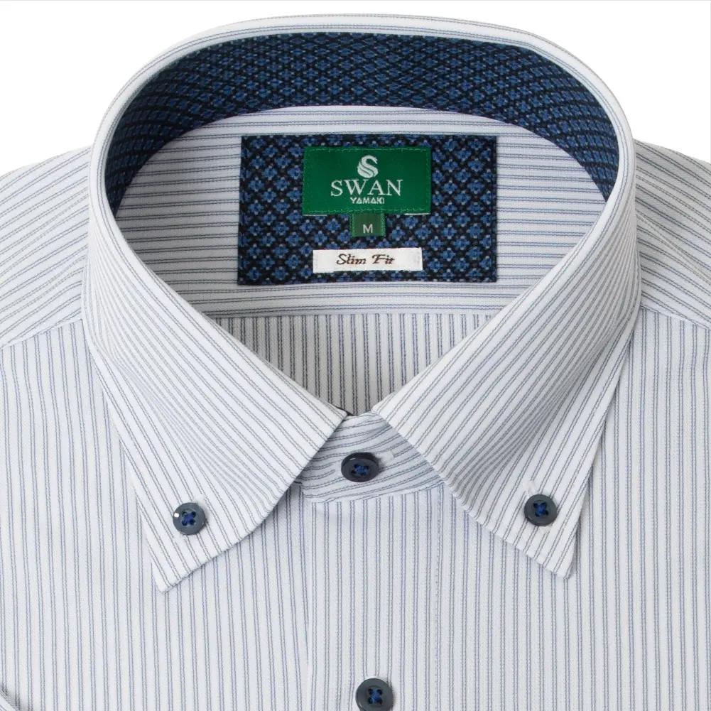 夏向けワイシャツ スリムフィット ストライプ ネイビー ニット ひやっとクール 消臭 フラボノ SHIRT HOUSE・グリーンレーベル(裄詰不可)