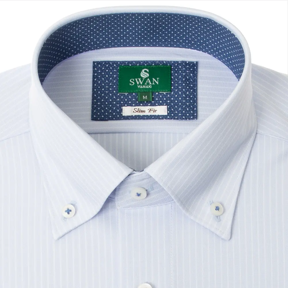 夏向けワイシャツ スリムフィット ストライプ ブルー ニット ひやっとクール 消臭 フラボノ SHIRT HOUSE・グリーンレーベル(裄詰不可)
