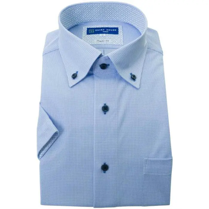 ワイシャツ ニット 半袖 ノーアイロン ブルー チェック ボタンダウン レギュラー フィット シャツハウス 半袖 メンズ ドレスシャツ