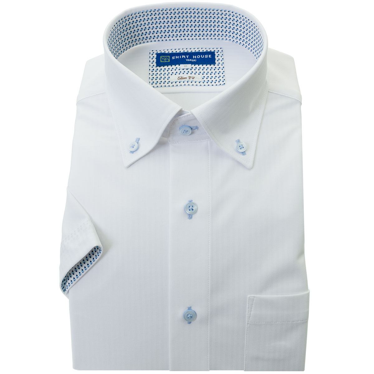 SHIRT HOUSE・ブルーレーベル 半袖スリムフィット ニットシャツ(裄詰不可)ボタンダウン ホワイト ワイシャツ