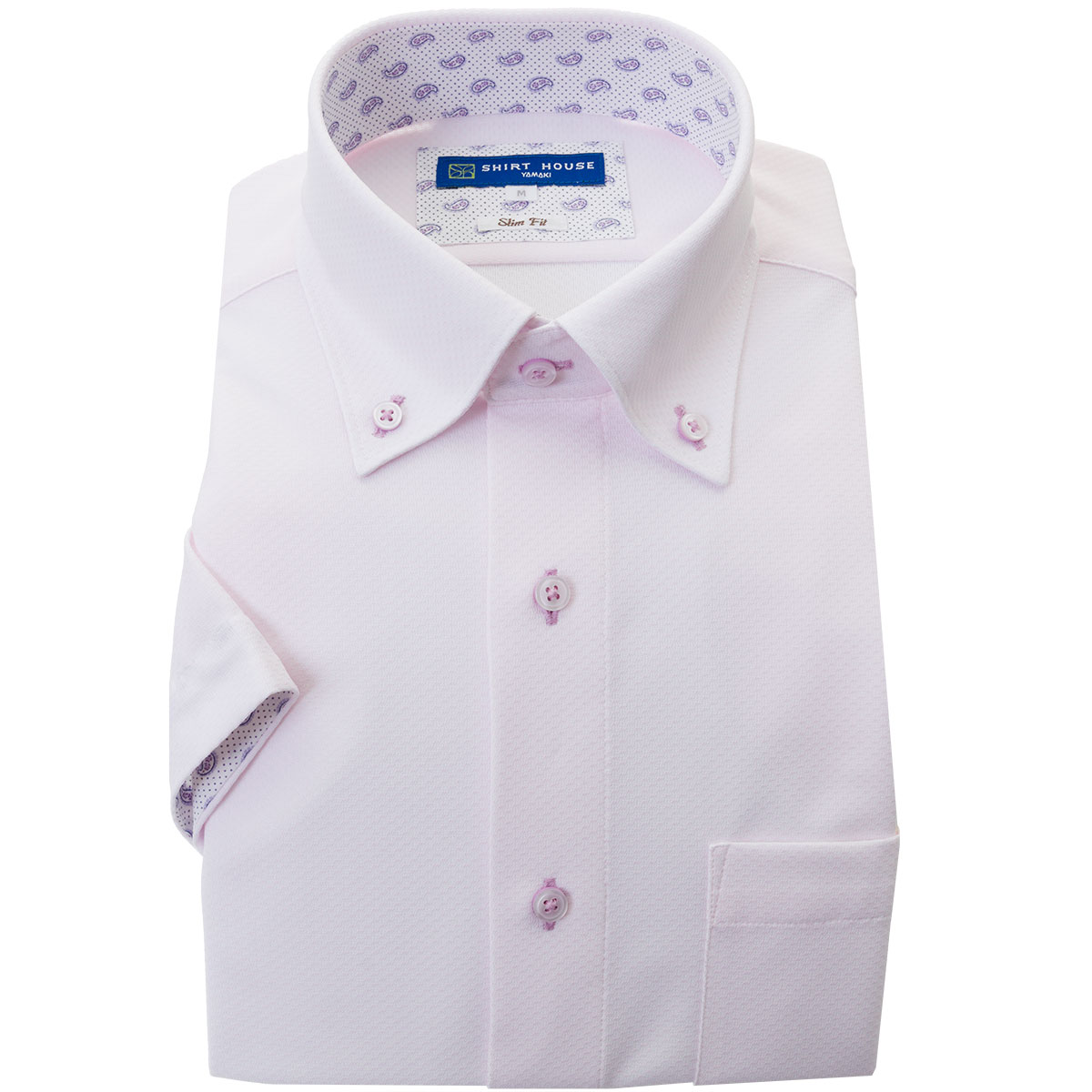 SHIRT HOUSE・ブルーレーベル 半袖スリムフィット ニットシャツ(裄詰不可)ボタンダウン ピンク ワイシャツ
