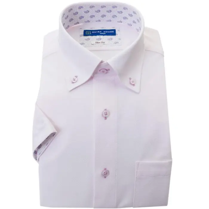 ワイシャツ ニット 半袖 ノーアイロン ピンク ドビー ボタンダウン スリムフィット シャツハウス 半袖 メンズ ドレスシャツ