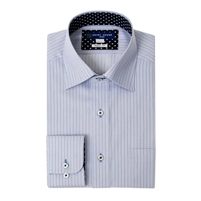 ワイシャツ 形態安定 長袖 ワイド ブルー 青 ストライプ 標準 シャツハウス メンズ ドレスシャツ