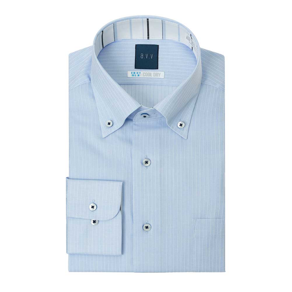 ワイシャツ ストライプ ブルー COOL DRY フラボノ 吸水速乾 消臭 涼感長袖シャツ スマートボタン a.v.v HOMME