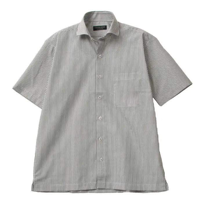 ワイシャツ メンズ 半袖 クールビズ 吸水速乾 形態安定 モスグリーン ストライプ カッタウェイ Levin UOMO