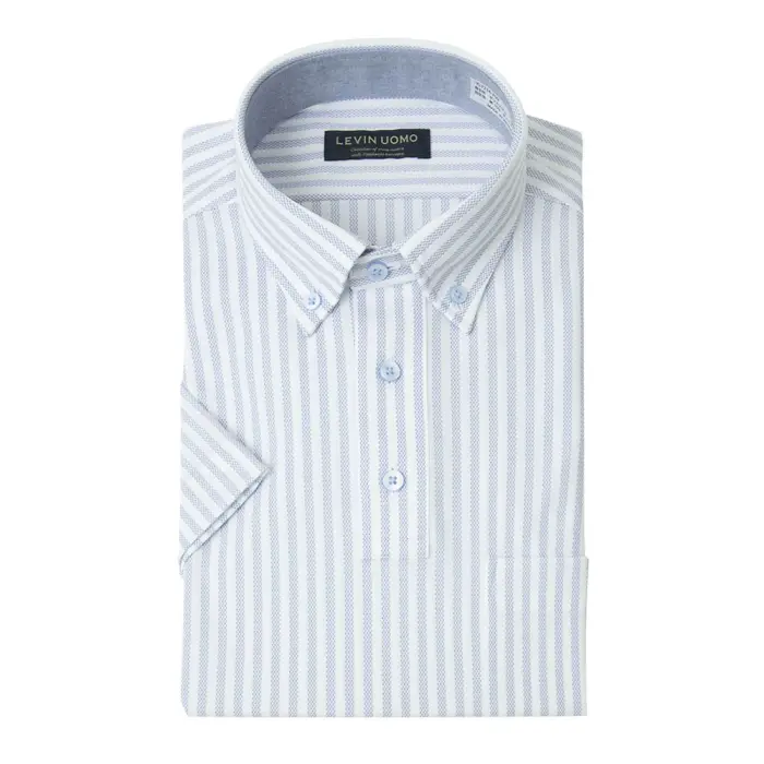 ワイシャツ メンズ ポロシャツ ニットシャツ 半袖 クールビズ ノーアイロン ストレッチ 吸水速乾 ブルー ストライプ ボタンダウン 