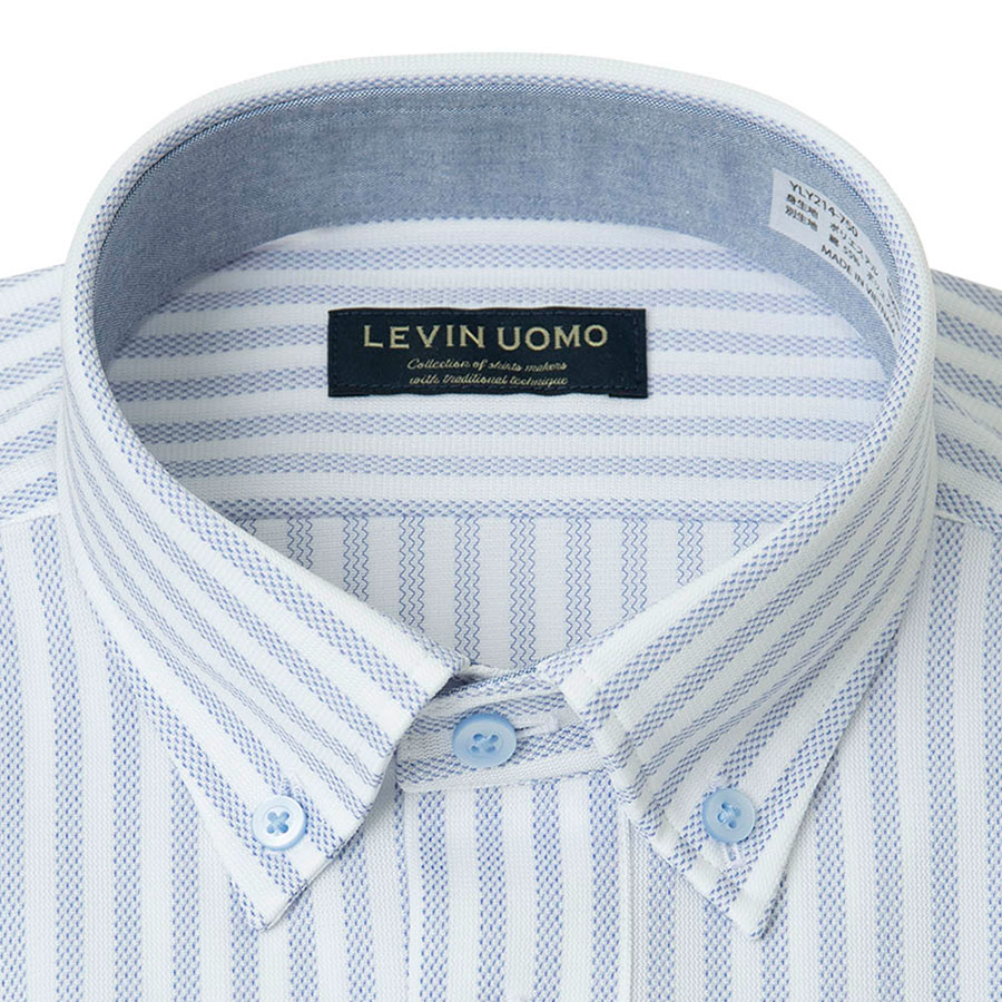 ニットシャツ(裄詰不可) ストライプ ブルー ニット 吸水速乾 トリコット Levin UOMO