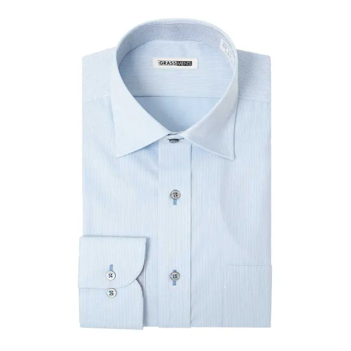 長袖 形態安定 メンズ ワイシャツ カッターシャツ ビジネスシャツ セミワイドカラー ブルー 青 ドビー
