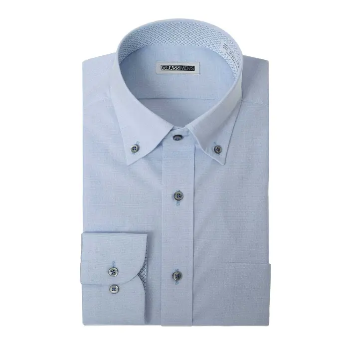 長袖 形態安定 メンズ ワイシャツ カッターシャツ ビジネスシャツ ボタンダウン ブルー 青 ドビー