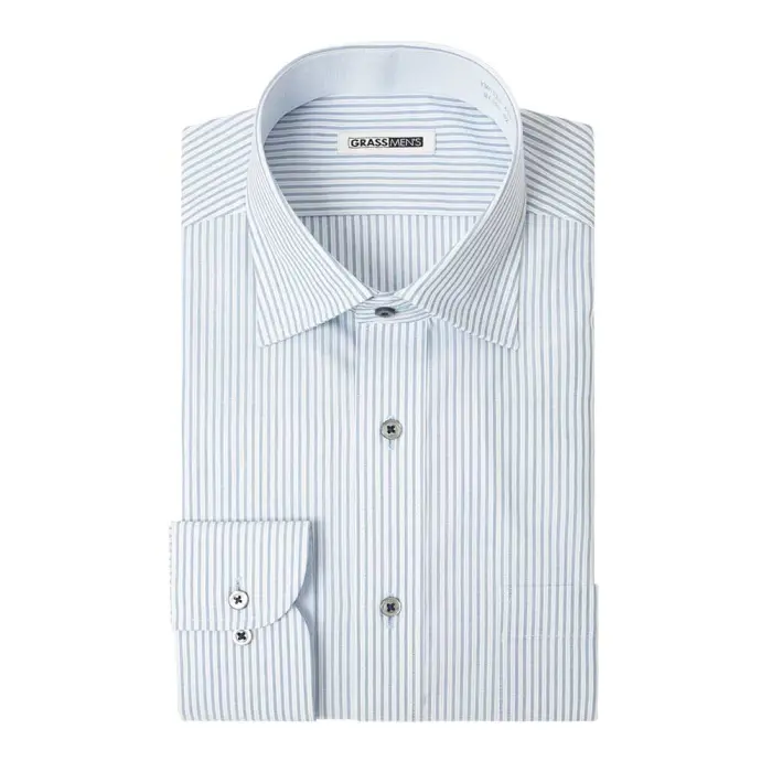 長袖 形態安定 メンズ ワイシャツ カッターシャツ ビジネスシャツ セミワイドカラー 青 ブルー ストライプ ドビー
