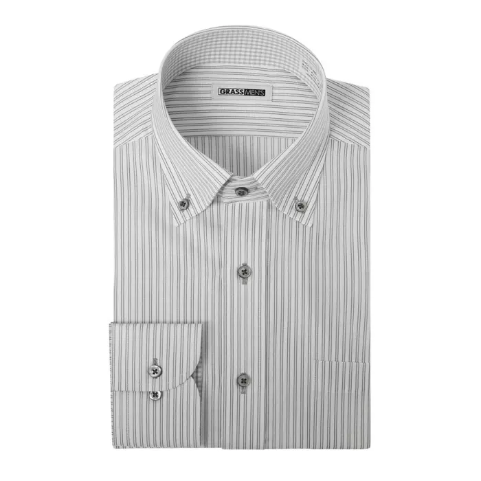 長袖 形態安定 メンズ ワイシャツ カッターシャツ ビジネスシャツ ボタンダウン グレー ストライプ ドビー