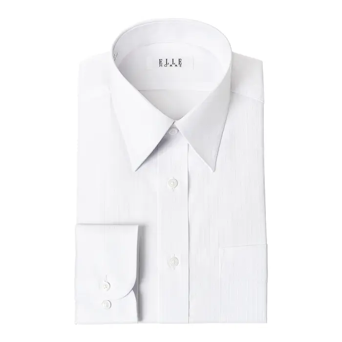 ELLE HOMME 長袖 ワイシャツ メンズ 形態安定加工  ゆったり 白ドビーストライプ レギュラーカラー 綿 ポリエステル ホワイト ドレスシャツ Yシャツ ビジネスシャツ