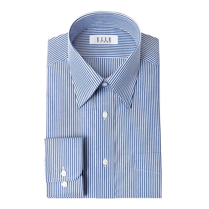 ELLE HOMME 長袖 ワイシャツ メンズ 形態安定加工  ゆったり ネイビーロンドンストライプ レギュラーカラー 綿 ポリエステル 紺色 ドレスシャツ Yシャツ ビジネスシャツ