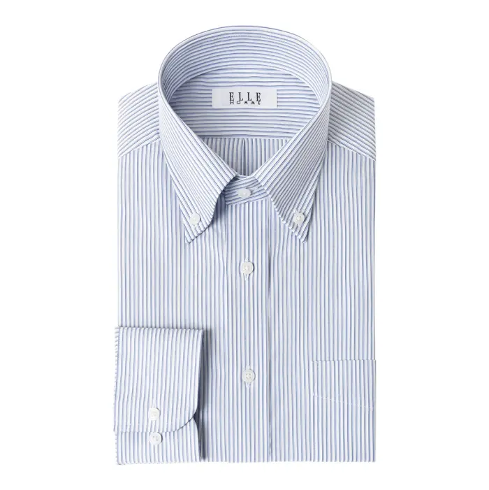 ELLE HOMME 長袖 ワイシャツ メンズ 形態安定加工  ゆったり ブルーストライプ ネイビー 青 ボタンダウン 綿 ポリエステル ドレスシャツ Yシャツ ビジネスシャツ