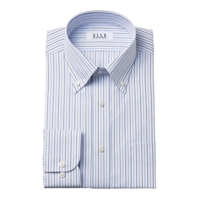 ELLE HOMME ワイシャツ メンズ 長袖 形態安定加工  ゆったり ブルー ネイビー ストライプ ボタンダウン