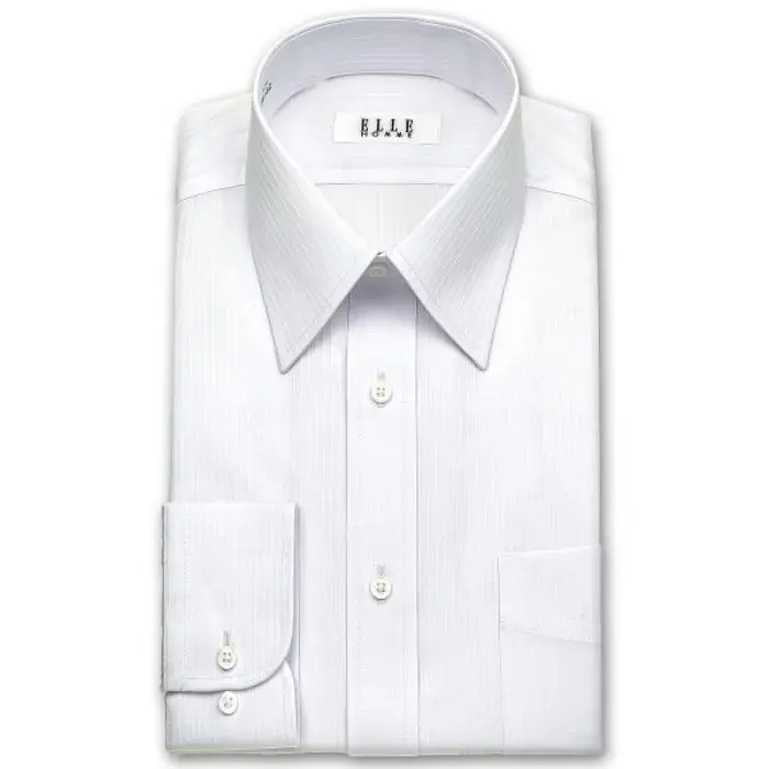ELLE HOMME 長袖 ワイシャツ メンズ 春夏秋冬 形態安定加工 白ドビーストライプ レギュラーカラーシャツ |綿 ポリエステル ホワイト