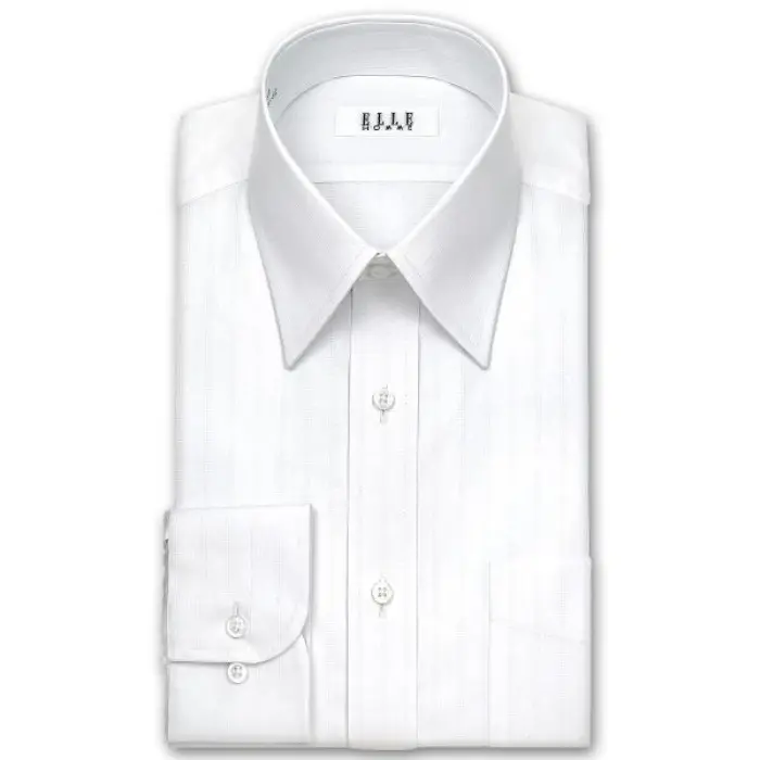 ELLE HOMME 長袖 ワイシャツ メンズ 春夏秋 形態安定 涼感素材 ゆったり 白ドビーストライプ レギュラーカラー|綿50% ポリエステル43% レーヨン7% ホワイト