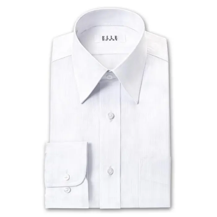 ELLE HOMME 長袖 ワイシャツ メンズ 形態安定 ゆったり 白ドビーダブルストライプ レギュラーカラー 綿50% ポリエステル50% ホワイト