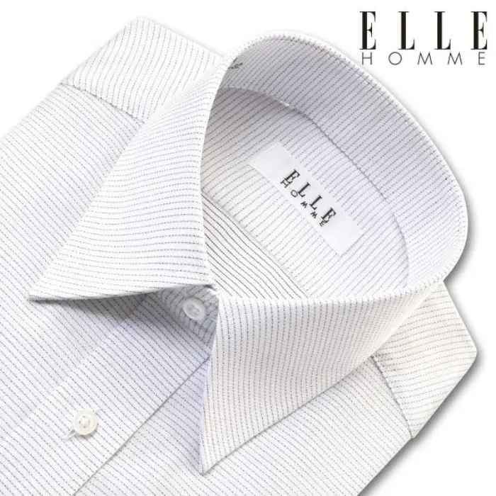 ELLE HOMME 長袖 ワイシャツ メンズ 形態安定 ゆったり ライトグレー ボーダー レギュラーカラー 綿50% ポリエステル50% 灰色