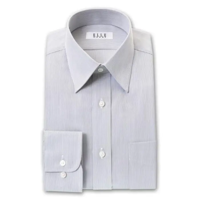 ELLE HOMME 長袖 ワイシャツ メンズ 形態安定 ゆったり グレーストライプ レギュラーカラー 綿50% ポリエステル50% 灰色