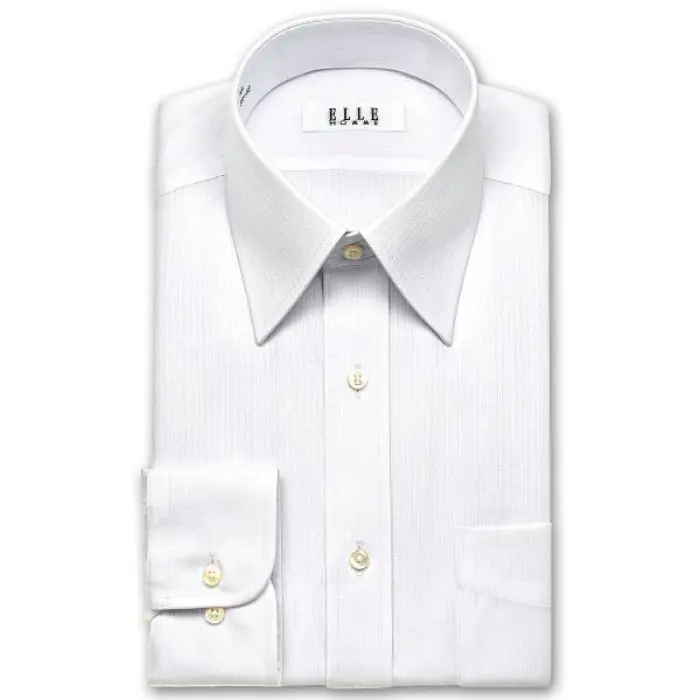 ELLE HOMME 長袖 ワイシャツ メンズ 春夏秋冬 形態安定 白ドビーストライプ レギュラーカラーシャツ |綿 ポリエステル ホワイト