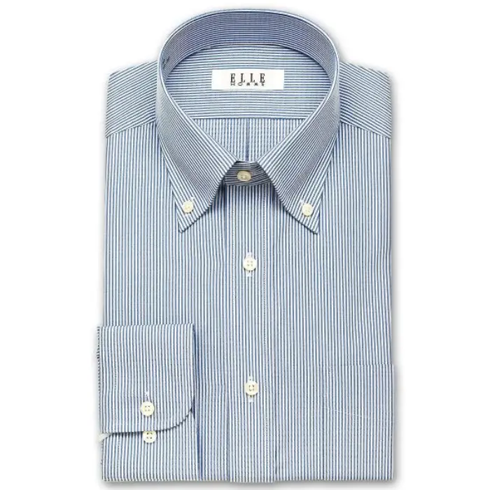 ELLE HOMME 長袖 ワイシャツ メンズ 春夏秋冬 形態安定 ブルーペンシルストライプ ボタンダウンシャツ |綿 ポリエステル ブルー