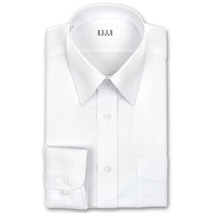 ELLE HOMME 長袖 ワイシャツ メンズ 春夏秋冬 形態安定加工 白ドビーストライプ レギュラーカラーシャツ |綿 ポリエステル ホワイト