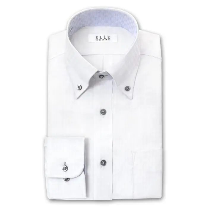 ELLE HOMME 長袖 ワイシャツ メンズ 形態安定加工 消臭仕立て ゆったり 白ドビー ダイアチェック ボタンダウンシャツ|綿 ポリエステル ホワイト ドレスシャツ Yシャツ ビジネスシャツ