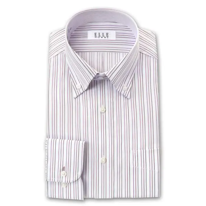 ELLE HOMME 長袖 ワイシャツ メンズ 形態安定加工 消臭仕立て ゆったり パープルストライプ ボタンダウンシャツ|綿 ポリエステル ホワイト ドレスシャツ Yシャツ ビジネスシャツ