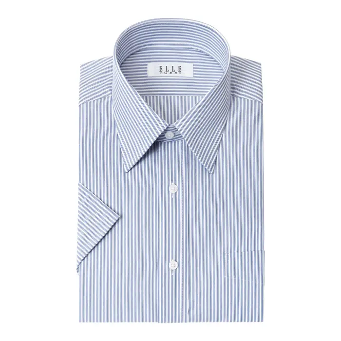 ELLE HOMME  COOLMAX 半袖 ワイシャツ メンズ 夏 形態安定 ゆったり  ストライプ レギュラーカラーシャツ 綿 ポリエステル ネイビー