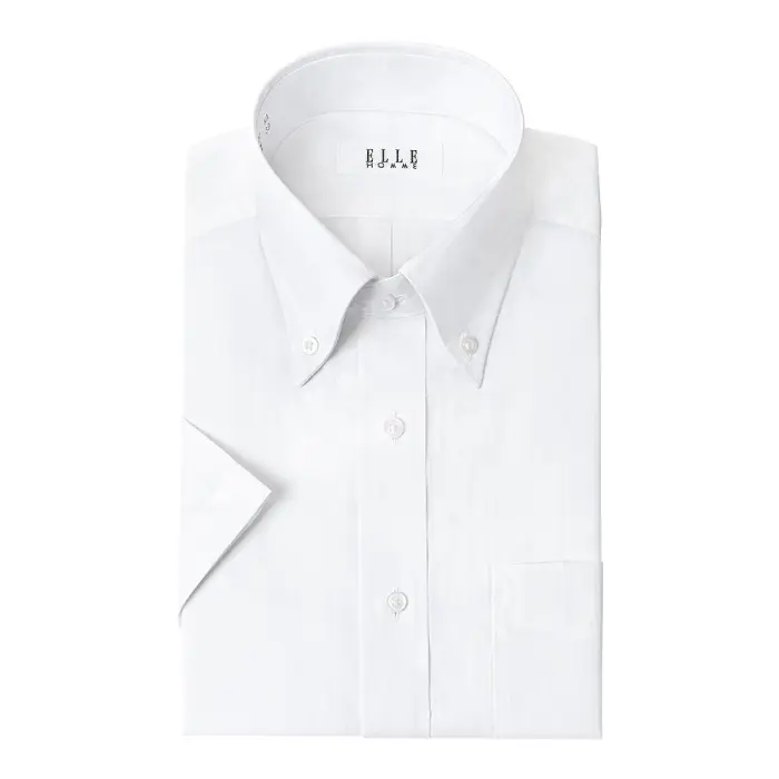ELLE HOMME  COOLMAX 半袖 ワイシャツ メンズ 夏 形態安定 ゆったり 白ドビー ストライプ ボタンダウンシャツ 綿 ポリエステル ホワイト 