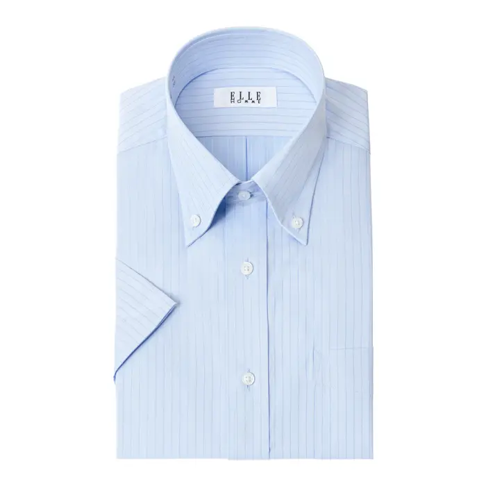ELLE HOMME  COOLMAX 半袖 ワイシャツ メンズ 夏 形態安定 ゆったり  ドビー ストライプ ボタンダウン シャツ 綿 ポリエステル ブルー