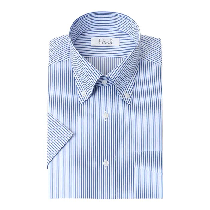 ELLE HOMME  COOLMAX 半袖 ワイシャツ メンズ 夏 形態安定 ゆったり  ストライプ ボタンダウン シャツ 綿 ポリエステル ブルー