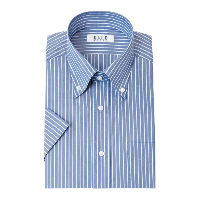 ELLE HOMME  COOLMAX 半袖 ワイシャツ メンズ 夏 形態安定 ゆったり  ストライプ ボタンダウン シャツ 綿 ポリエステル ブルー ネイビー