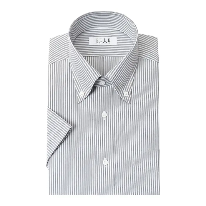 ELLE HOMME  COOLMAX 半袖 ワイシャツ メンズ 夏 形態安定 ゆったり  ストライプ ボタンダウン シャツ 綿 ポリエステル 黒 ブラック