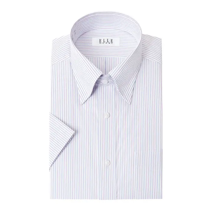 ELLE HOMME  COOLMAX 半袖 ワイシャツ メンズ 夏 形態安定 ゆったり  ストライプ スナップダウン シャツ 綿 ポリエステル ブルー×パープル
