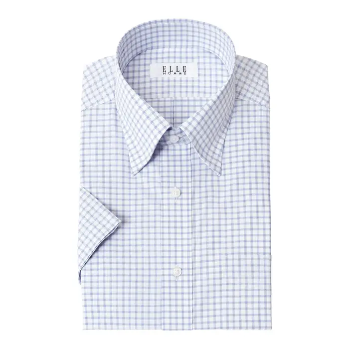 ELLE HOMME  COOLMAX 半袖 ワイシャツ メンズ 夏 形態安定 ゆったり  チェック スナップダウン シャツ 綿 ポリエステル ブルー