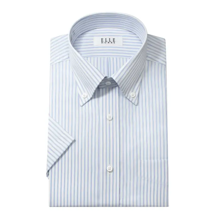 ELLE HOMME 半袖 ワイシャツ メンズ 夏 形態安定 涼感素材 ブルー 青 ストライプ ボタンダウン |綿 ポリエステル テンセル クールビズ 
