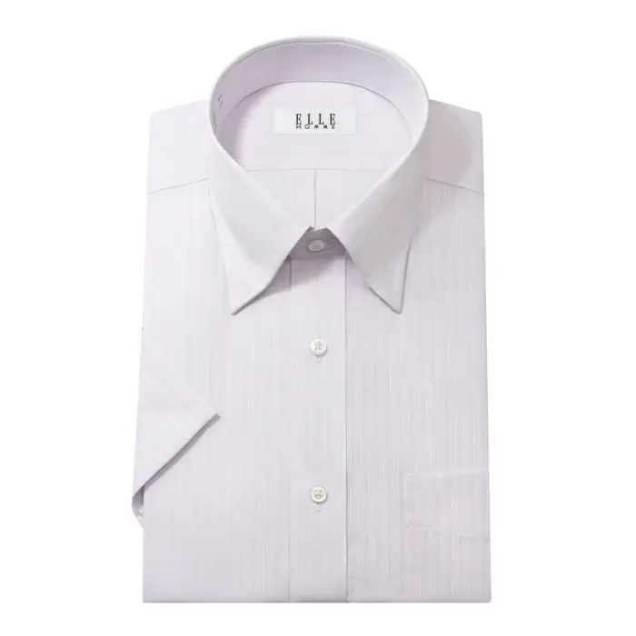 ELLE HOMME 半袖 ワイシャツ メンズ 夏 形態安定 涼感素材 パープル ドビー ストライプ スナップダウン |綿 ポリエステル テンセル クールビズ 