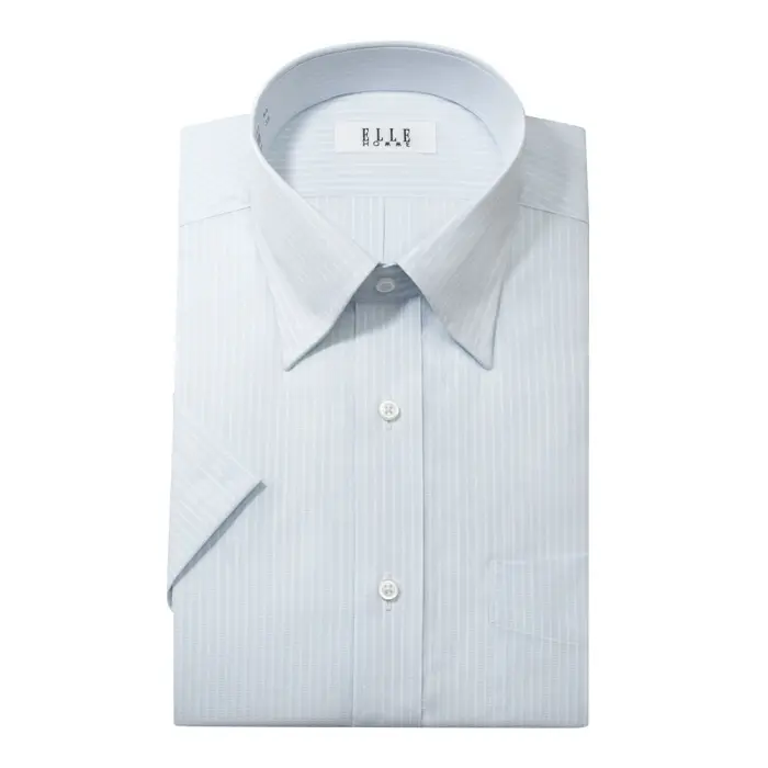 ELLE HOMME 半袖 ワイシャツ メンズ 夏 形態安定 涼感素材 ブルー ストライプ スナップダウン |綿 ポリエステル テンセル クールビズ 